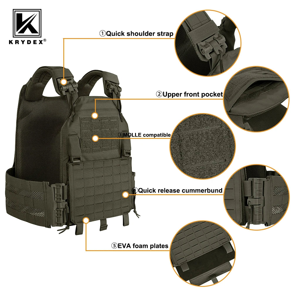 KRYDEX Tactical Vest Laser Cutting MOLLE LAVC Plate Carrier Quick Release