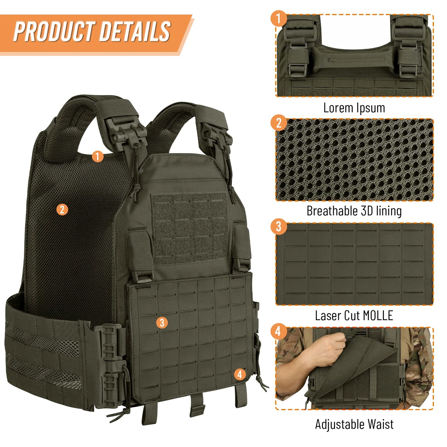 KRYDEX Tactical Vest Laser Cutting MOLLE LAVC Plate Carrier Quick Release